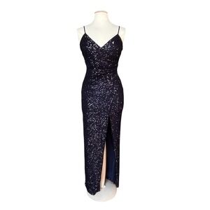 Navy Blue Sequin Spaghetti Strap Maxi Dress Prom‎ Formal Evening Gown Bodycon